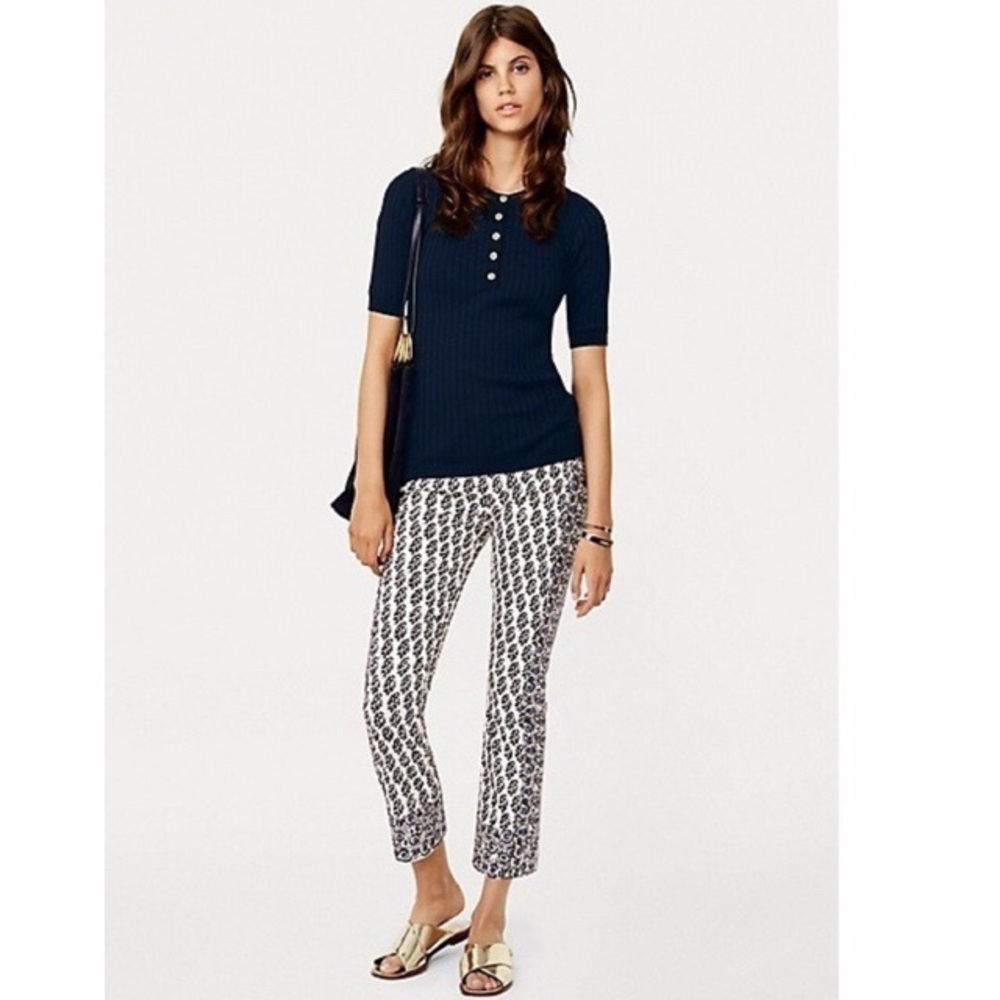 Tory Burch Reya Cropped Straight-Leg Jeans – Ivory Guru Border, Size 27 (NWT)